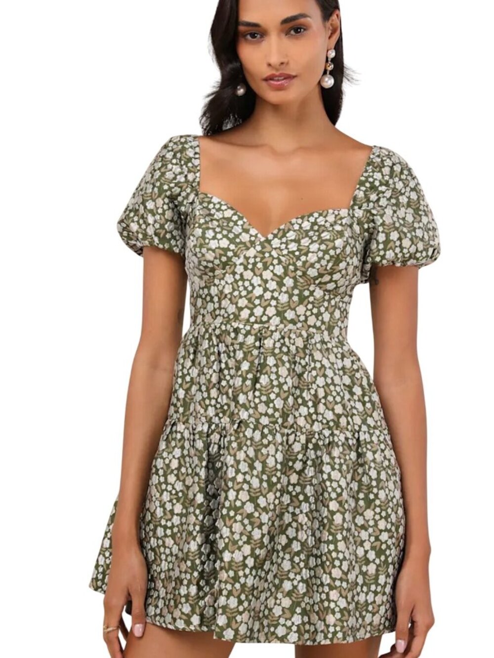Lulus Confident Sweetheart Olive Floral Jacquard Tiered Mini Dress Sz XL